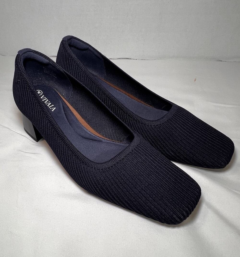 VIVAIA Melody Shoes Size 7 EU 37.5 Navy Blue Square Toe Block Heels Knit Comfort